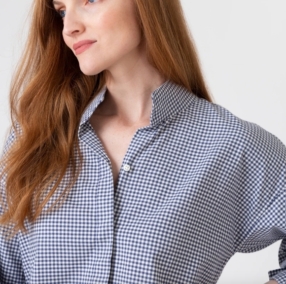 Ann Mashburn Mirabella Brushed Flannel Button Up Shirt In Navy/Ivory Gingham SM - Picture 5 of 14